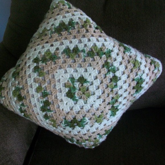 Crochet Granny Square Decorative Throw Pillow Cream Green Beige - Picture 4 of 5